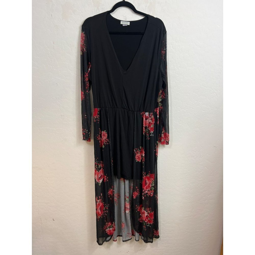 Beware Women Sheer Mini Hi Low Dress 3X Black Red Floral Print